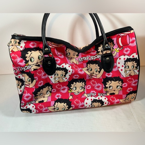 Betty Boop Duffle Bag Women Shoulder Canvas Travel Overnight Kisses Lips - Picture 6 of 16
